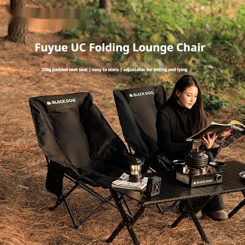 Night black folding moon chair with Oxford cloth seat shown folded and unfolded
