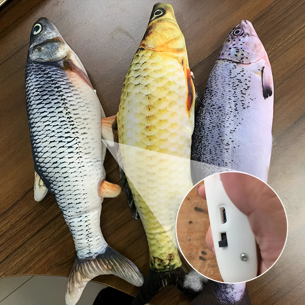 Multicolor USB rechargeable electric jumping fish cat toy measuring 30cm long