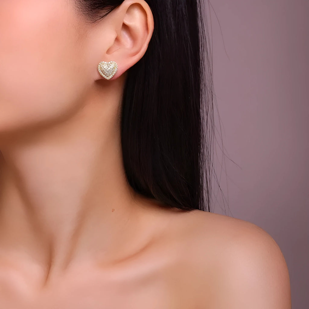 Golden colour S925 silver stud earrings with heart-shaped moissanite stone designs