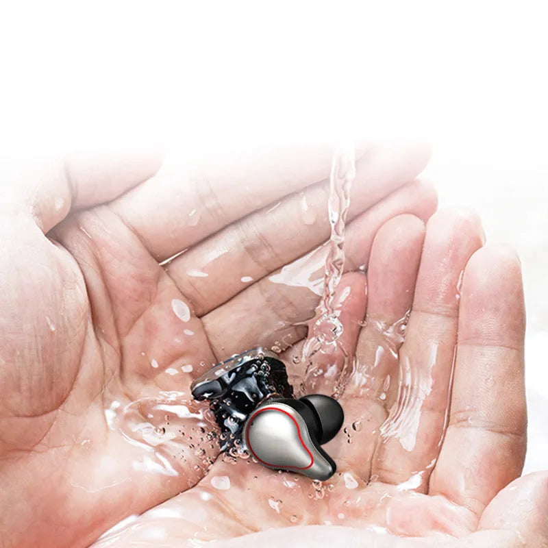 Black and blue in-ear Bluetooth headset with earplug-style earpieces shown separately.