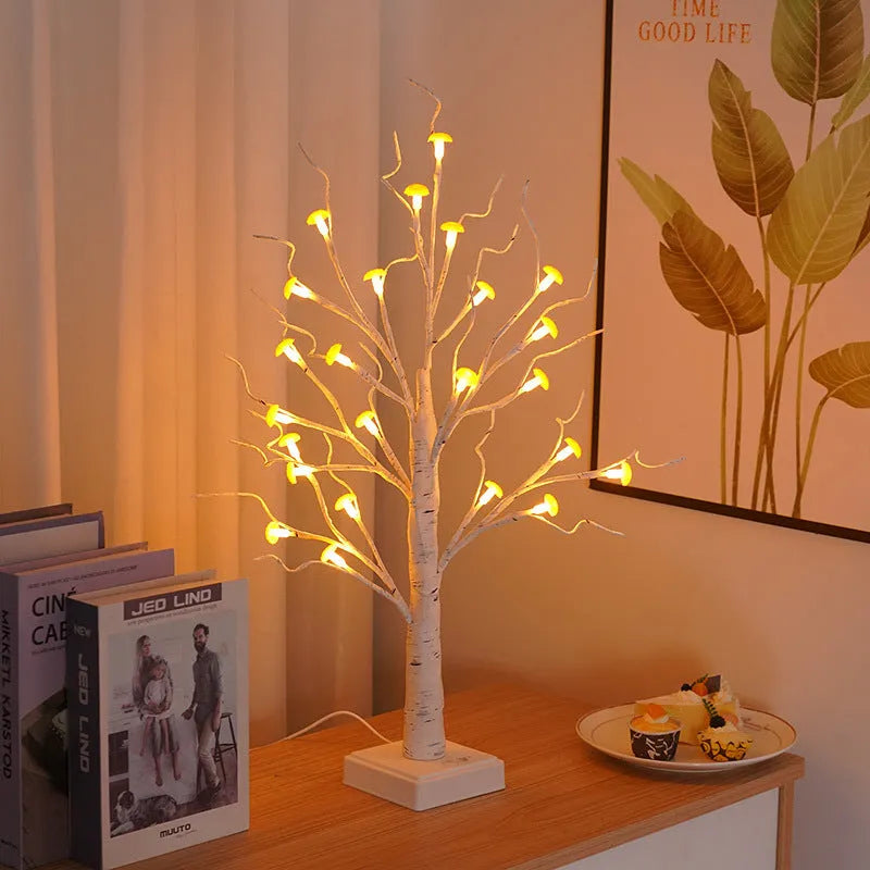 60cm tall mushroom tree lamp with warm LED lights and 24 detachable plastic flowers on birch-style trunk