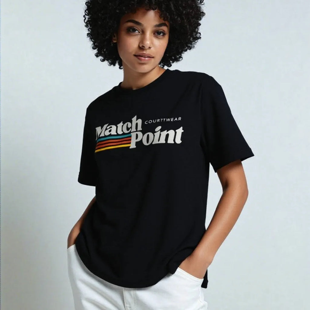 Black men's T-shirt with 3D digital printed text pattern, short sleeves, and round neck.