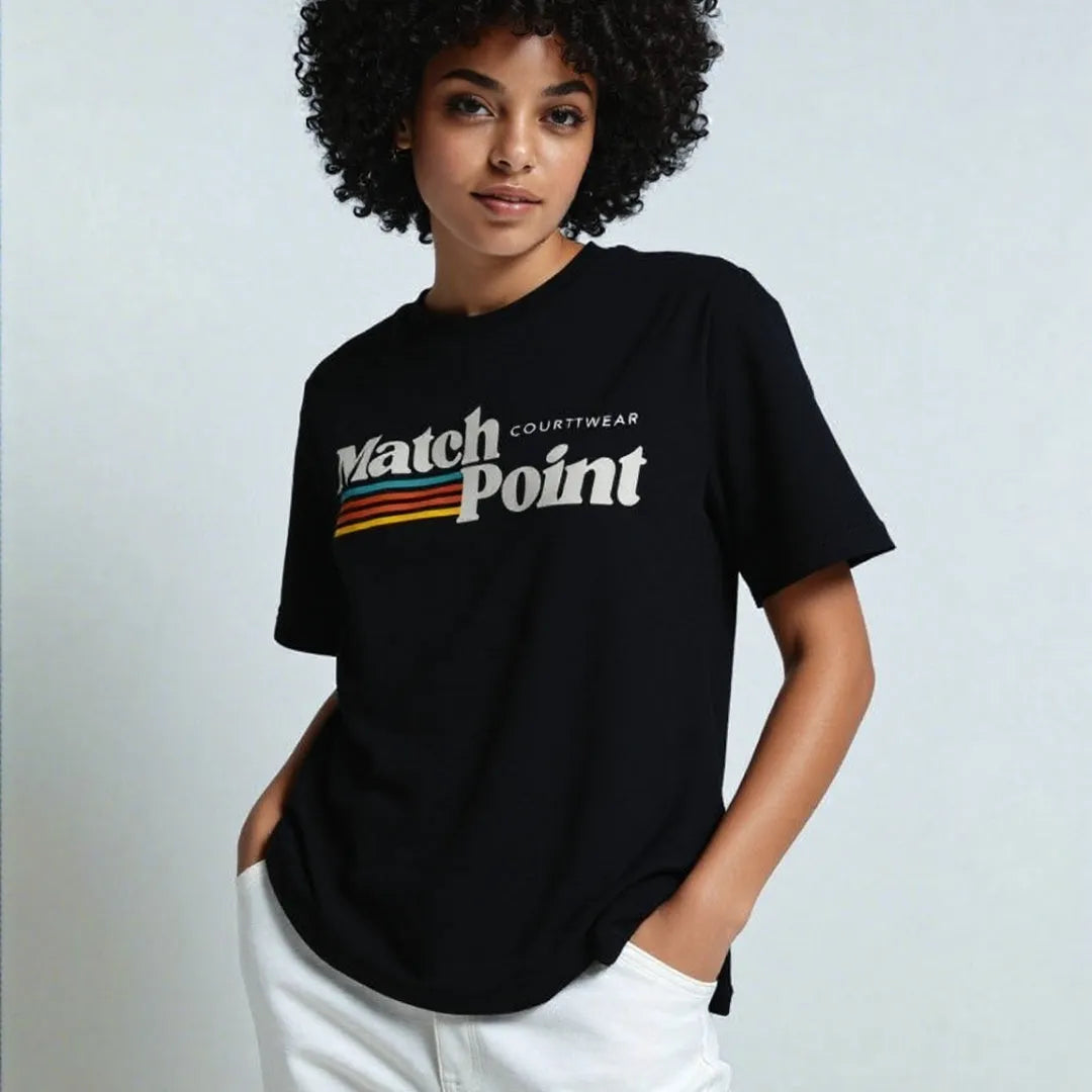 Black men's T-shirt with 3D digital printed text pattern, short sleeves, and round neck.