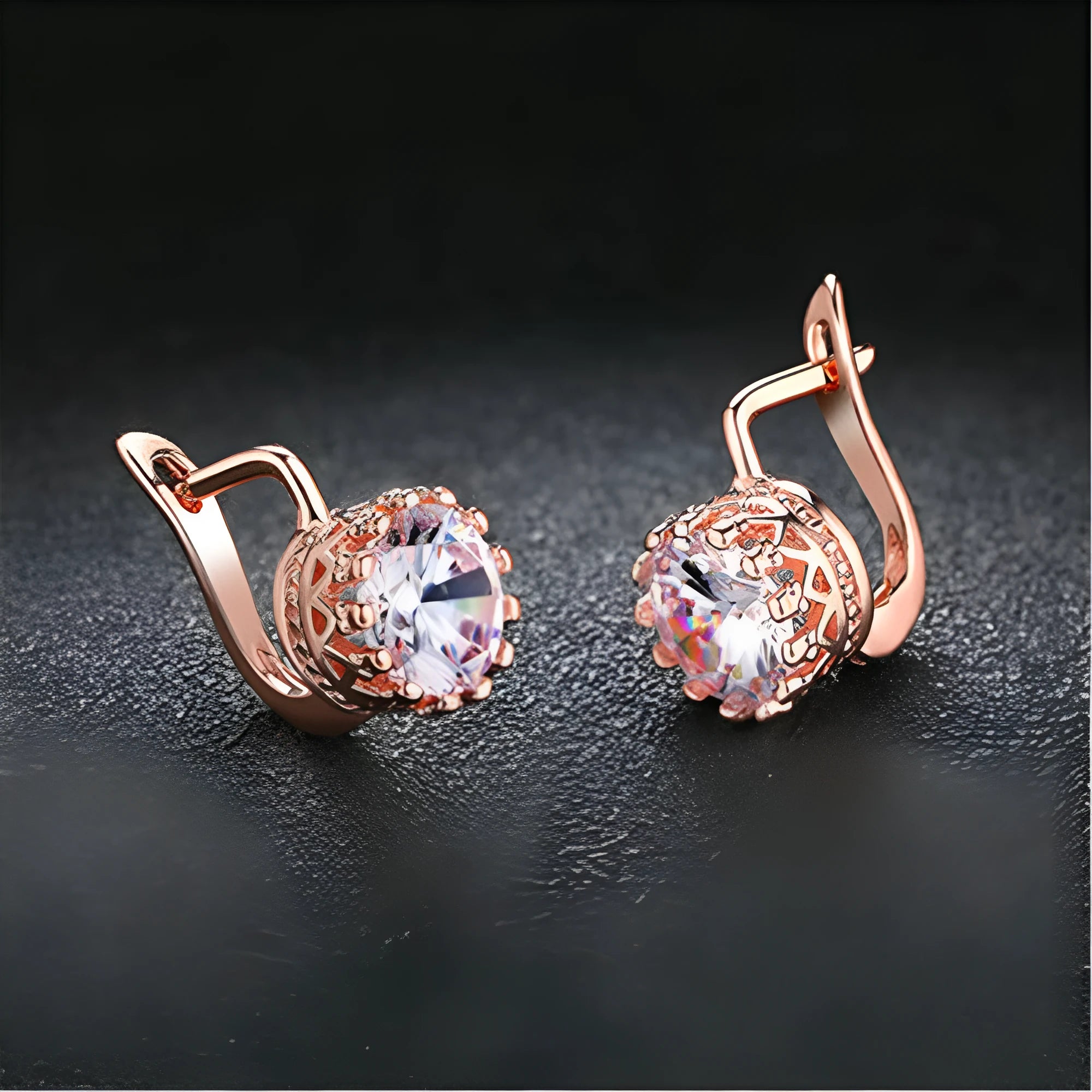 Korean retro style crown-shaped clip earrings with diamond accents in rose gold or white gold finish.