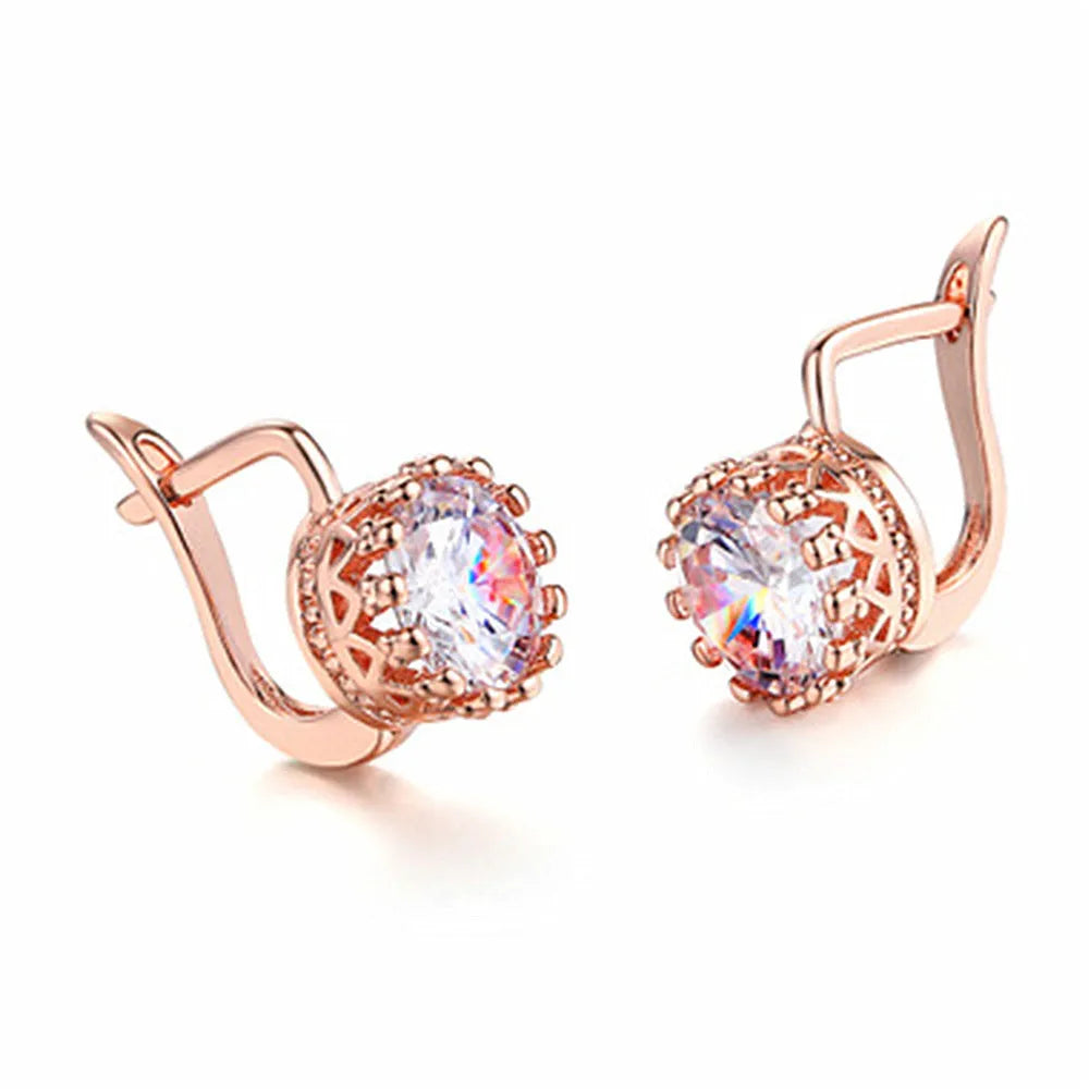 Korean retro style crown-shaped clip earrings with diamond accents in rose gold or white gold finish.