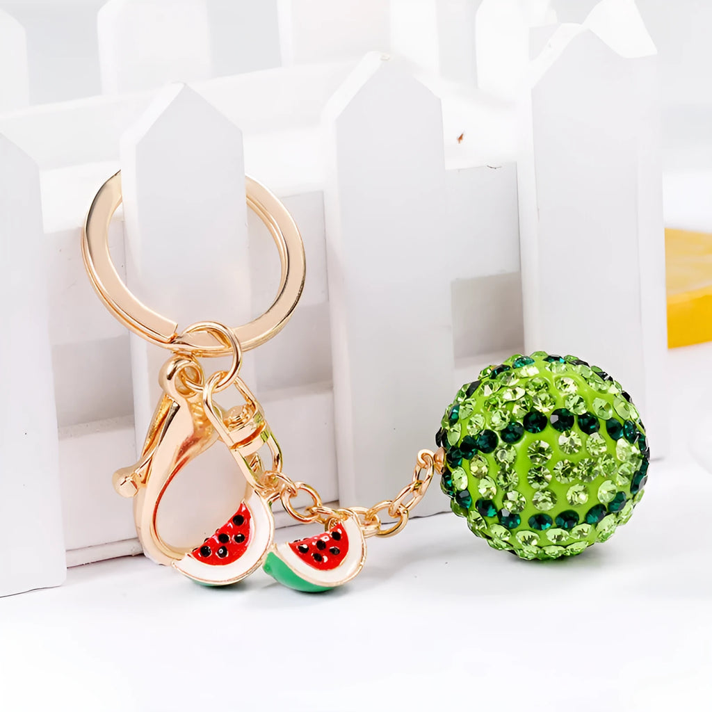 Green watermelon fruit keychain made from zinc alloy measuring 12cm in length