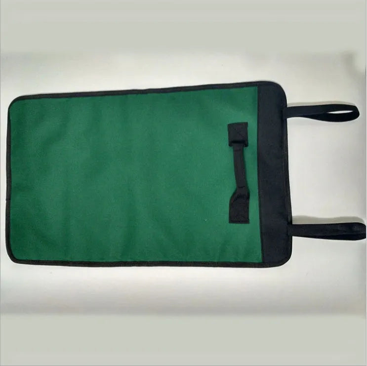 Portable multifunctional reel type hardware tool bag in 600D Oxford cloth, rolled up with buckle closure