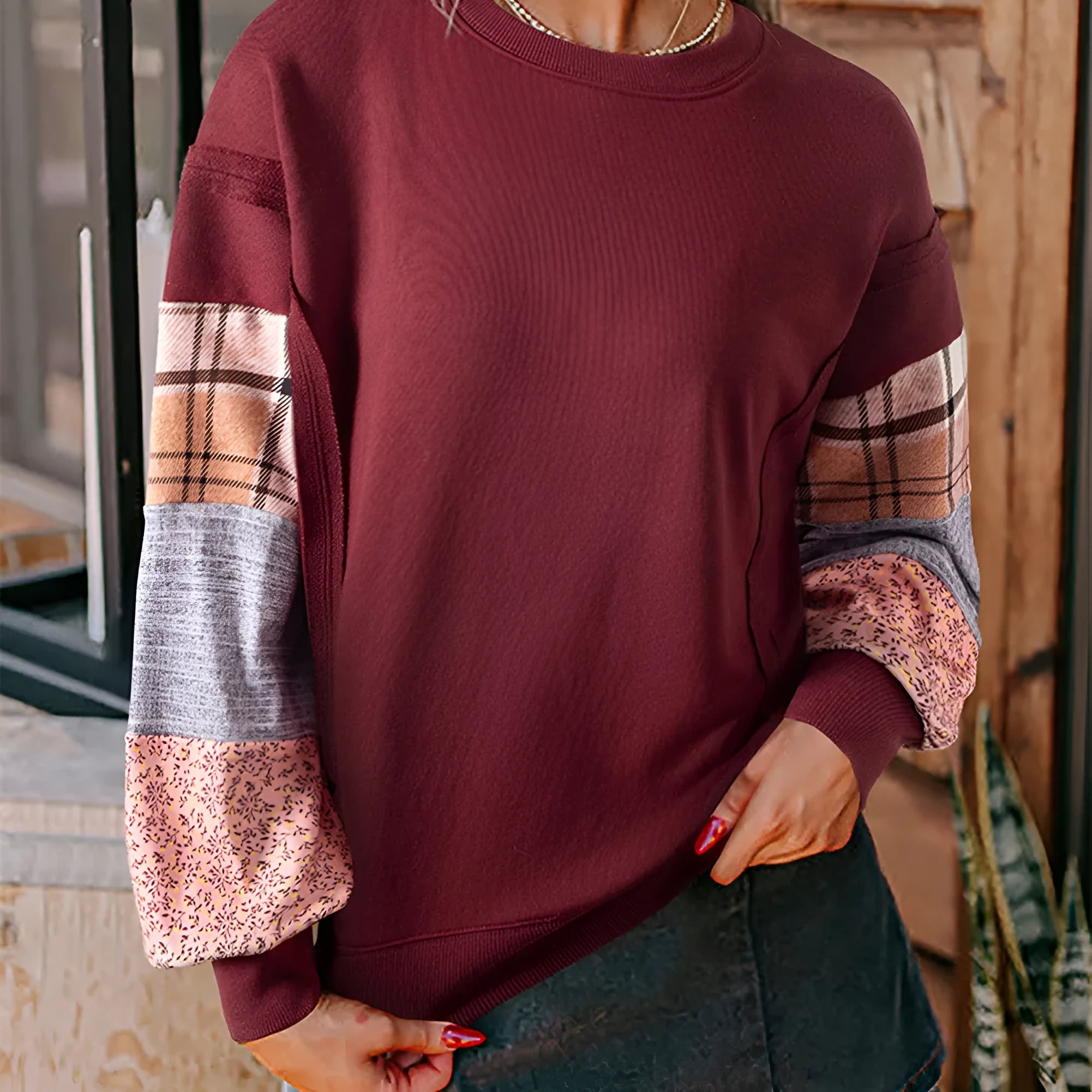 Women's loose plaid stitch long sleeve casual top in apricot colour