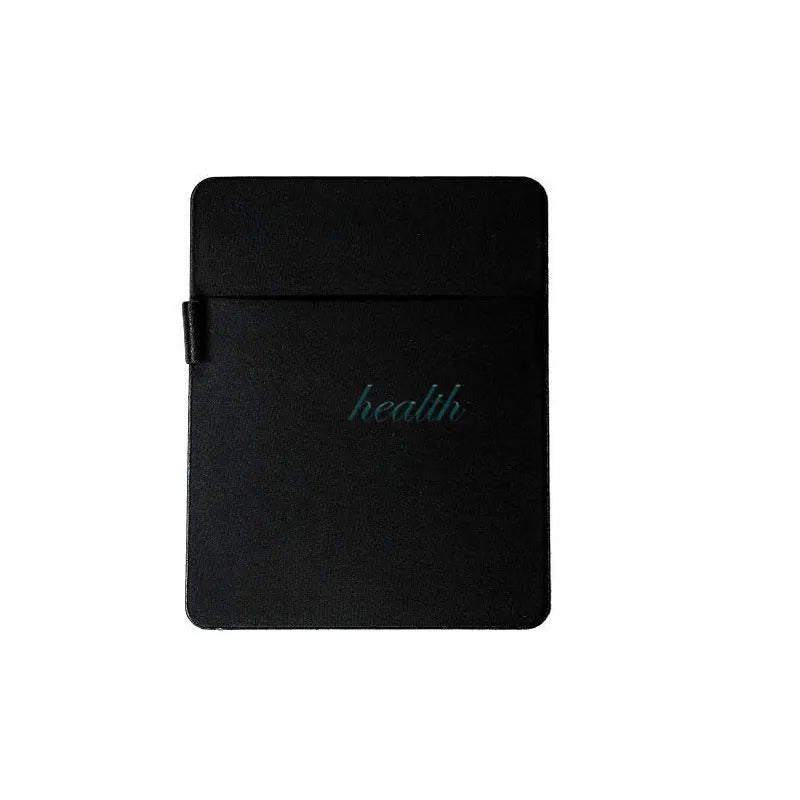 Black self-adhesive Lycra storage bag attached to back of laptop, 15x12cm, with pen loop and earphones visible