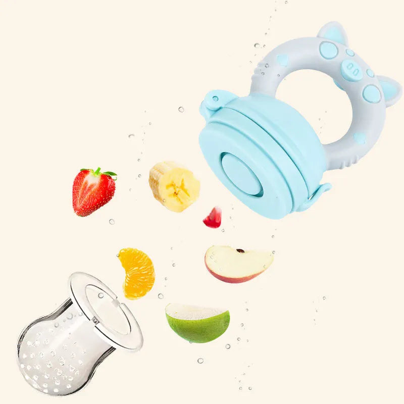 Silicone baby teether in blue, green or pink colour with single or triple mouthpiece options