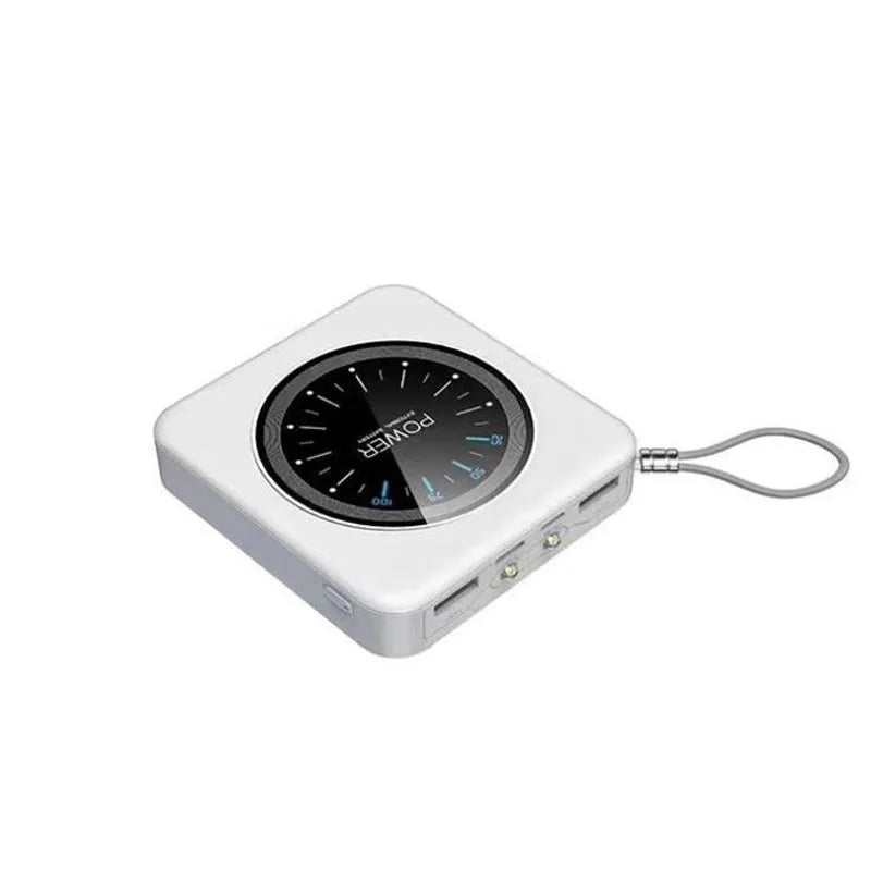 Compact alloy case mini power bank in pink, black, green, or white, showing multi-USB ports.