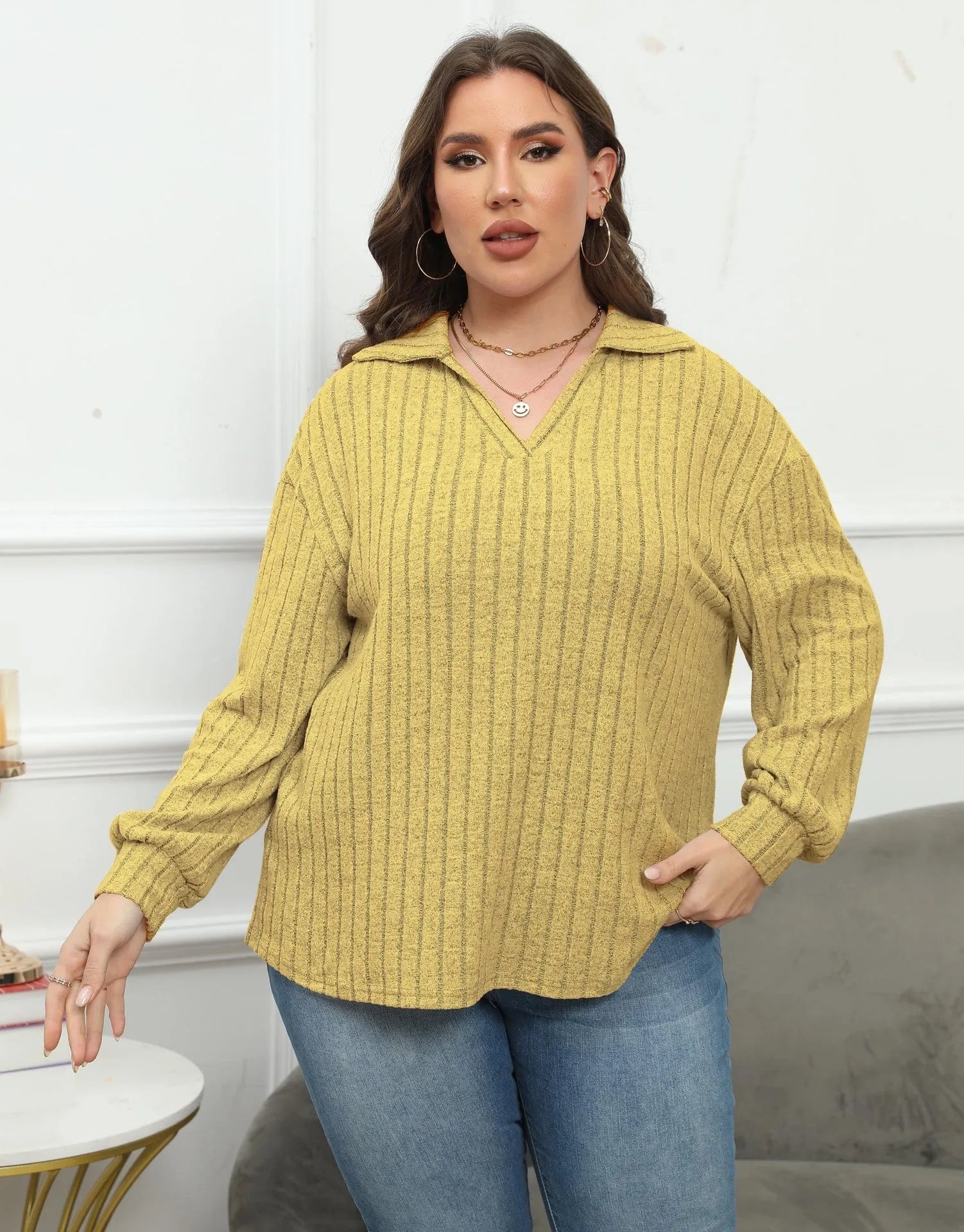 Women's plus size gray polo collar fleece blouse with lantern sleeves