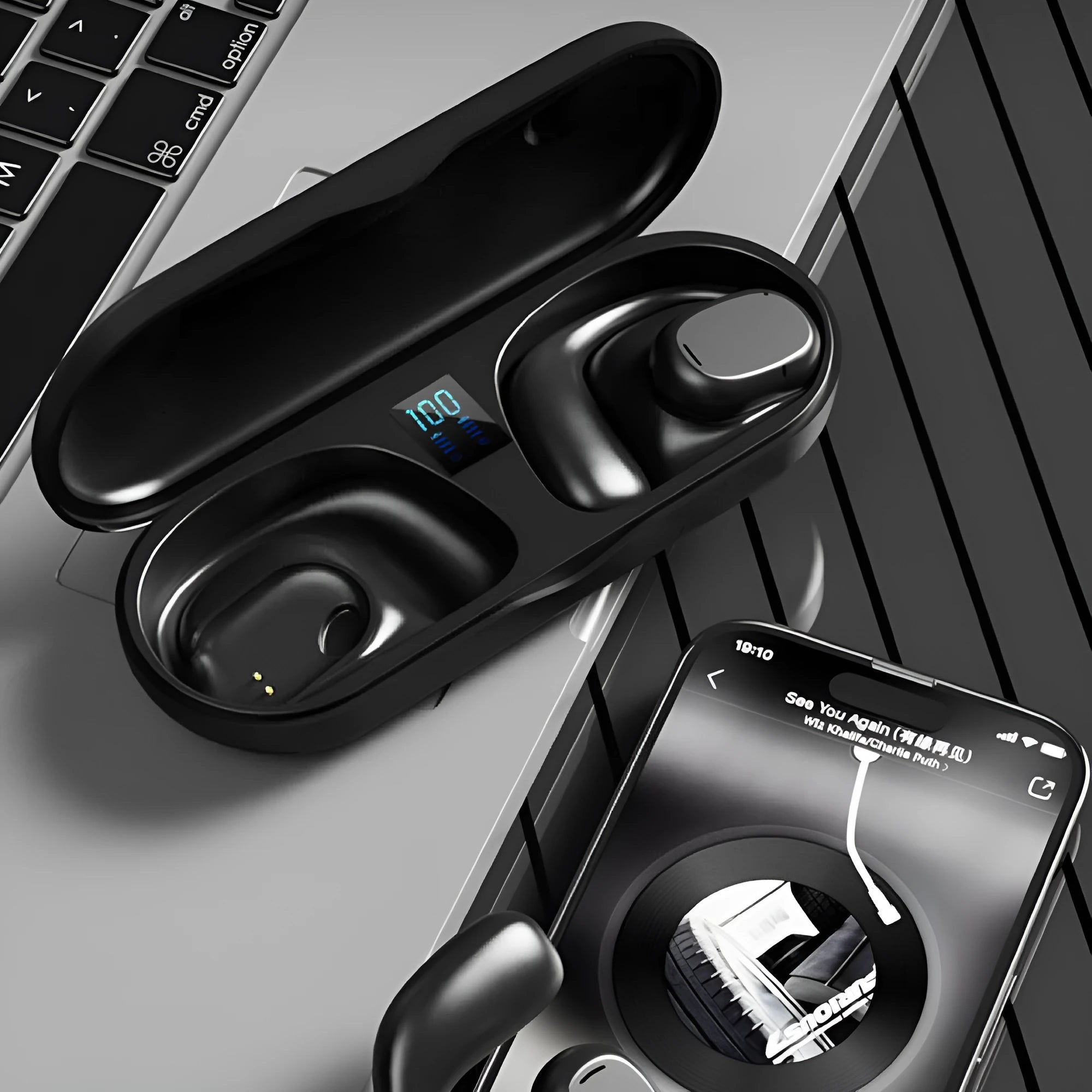 Wireless sports headphones with digital display and charging case in black