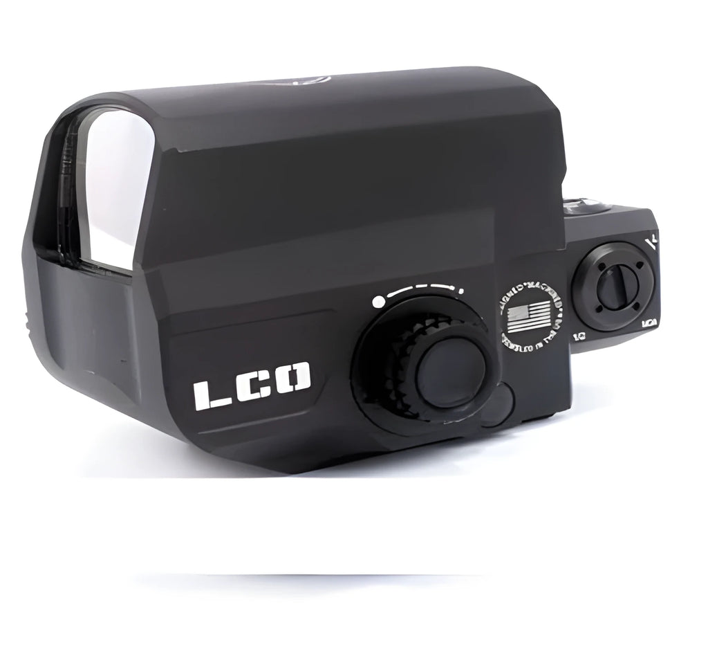 LCO tactical holographic red dot sight with 20mm rail mount attached to a rifle.