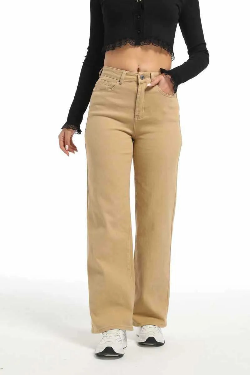 Women's straight leg jeans with wide leg silhouette in apricot colour showing high waist design