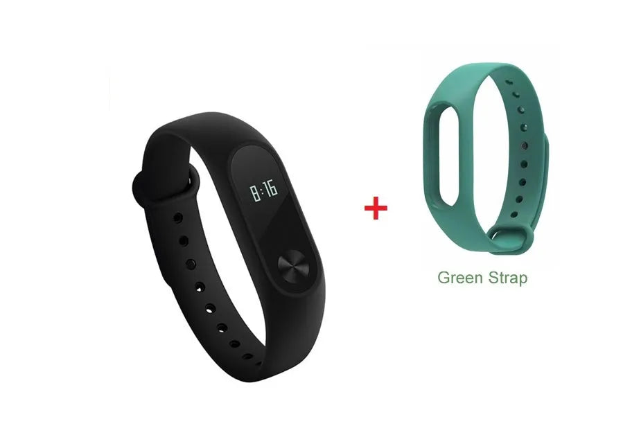 Xiaomi Mi Band 2 black fitness tracker on wrist showing OLED display