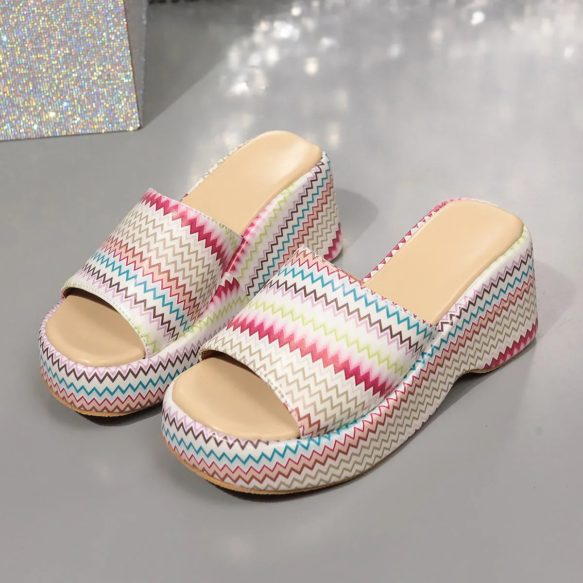 Women's wave print wedge sandals with thick rubber soles and fish mouth toe in beige, blue, or pink