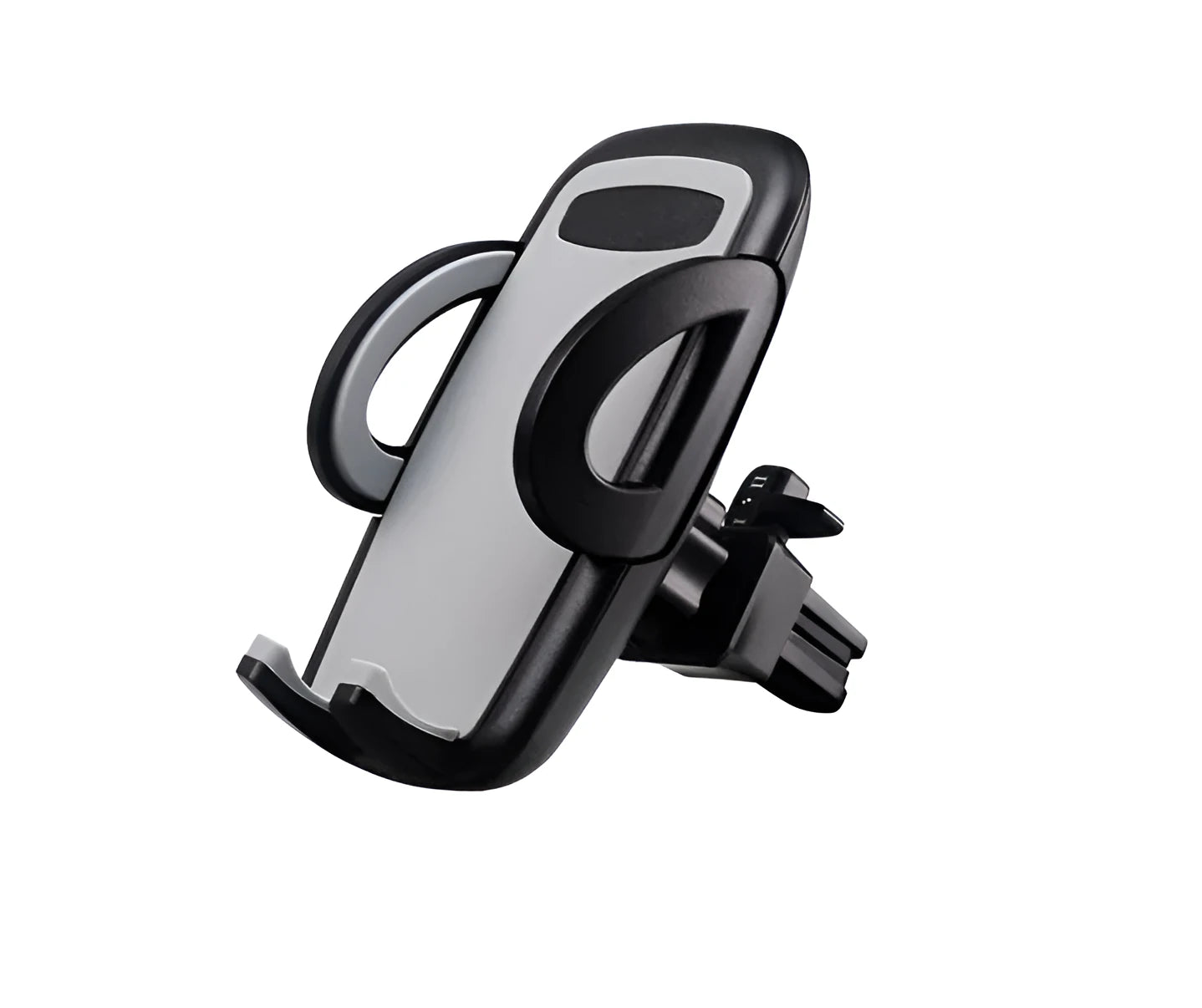 Black plastic car mobile phone holder mounted on air conditioning vent with adjustable arms gripping smartphone