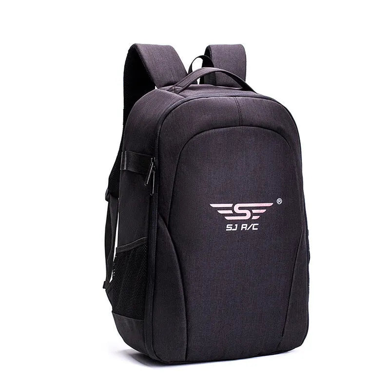 Black waterproof drone backpack with multiple compartments for camera and computer equipment