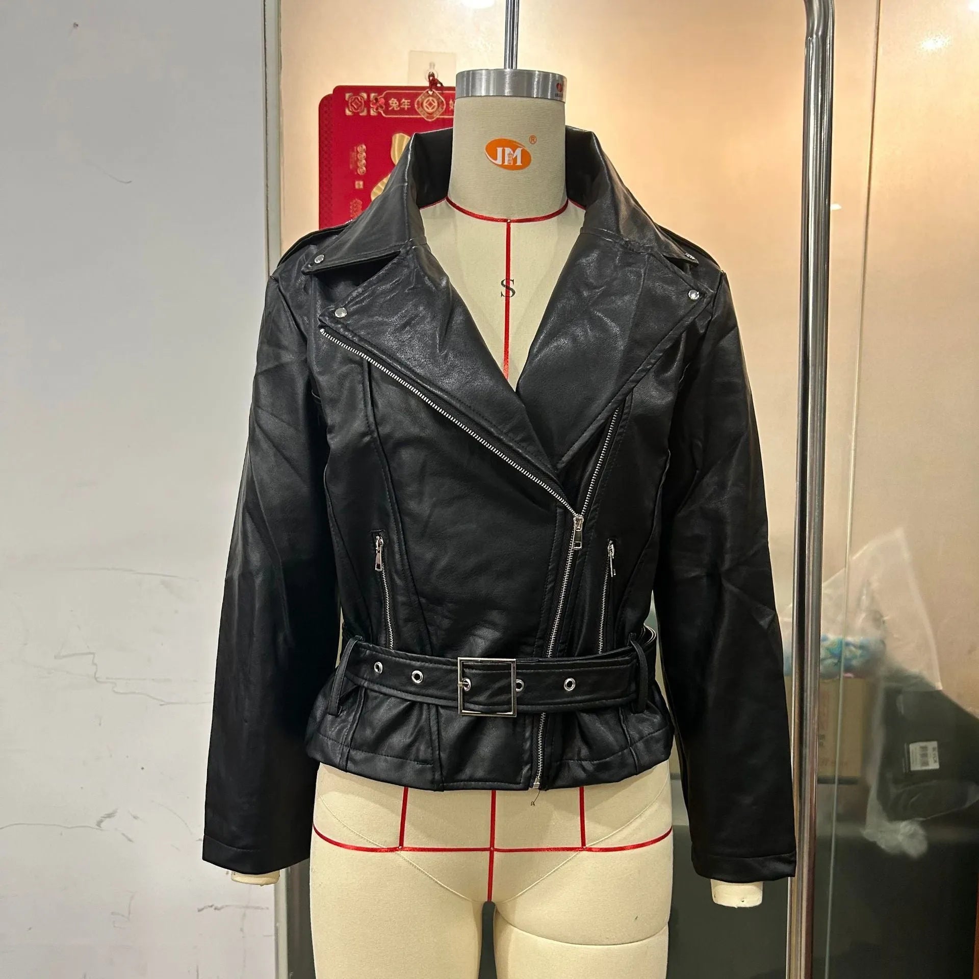 Black punk short belt lapel locomotive style jacket with Peter Pan collar and drawstring detail in polyester fibre