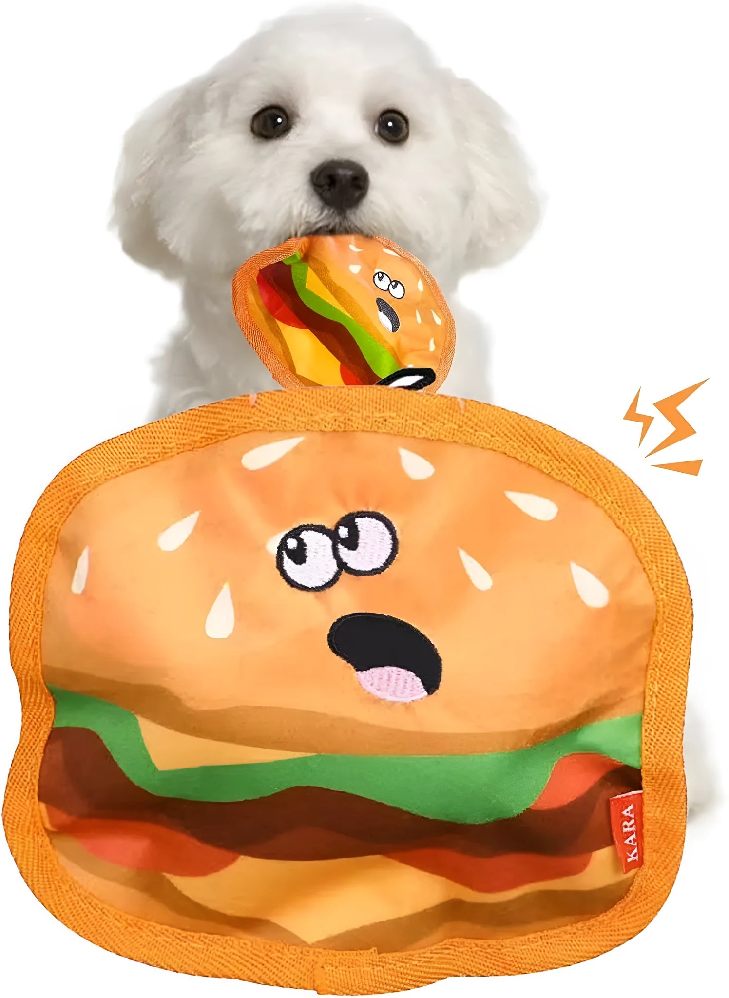 Crinkle and squeak dog toy in hamburger shape for interactive chew play