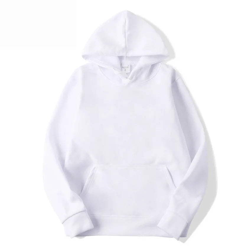 A solid colour unisex pullover hoodie with long sleeves and a hood on a hanger.