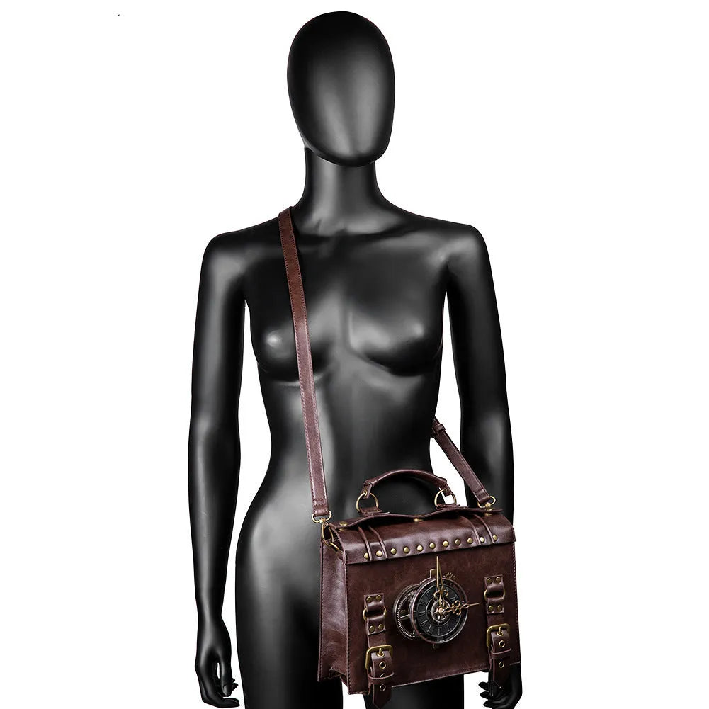 Bronze steampunk industrial retro shoulder bag with square pillow bag design and metal hardware
