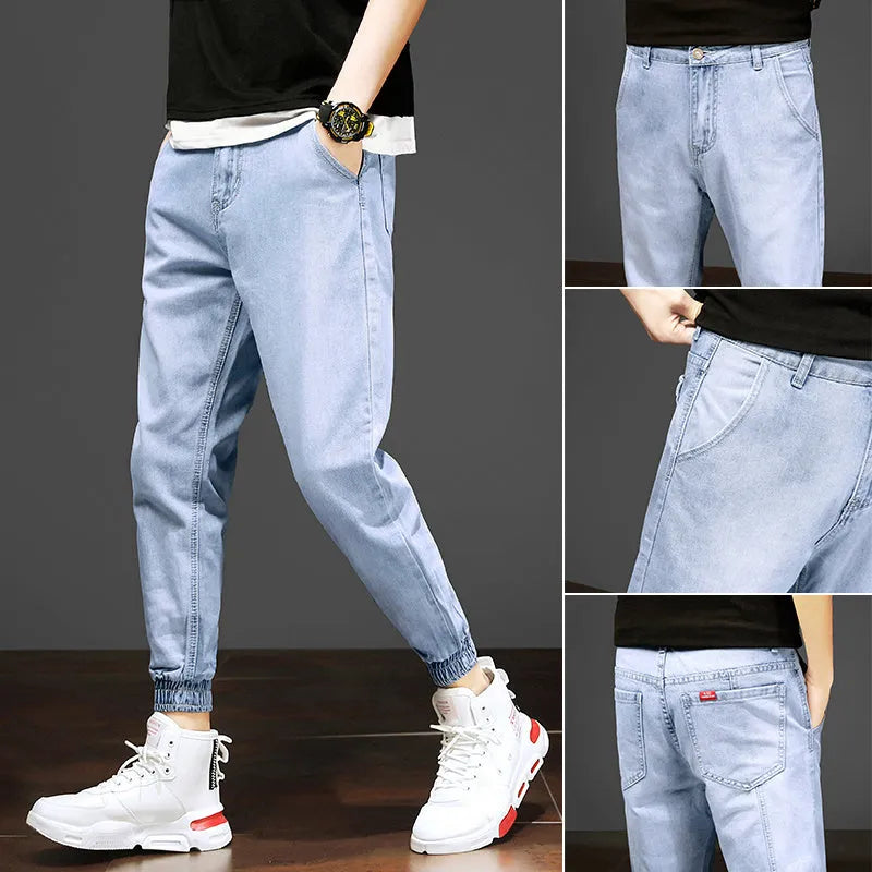 Men's autumn black ripped ankle jeans with micro elastic denim, youth-style tapered fit