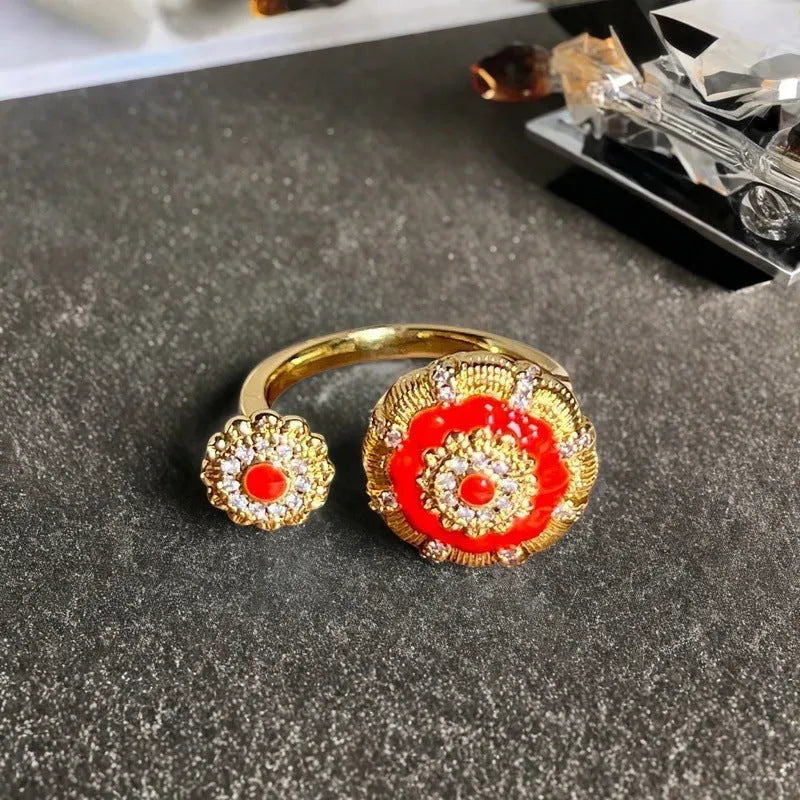 Adjustable vintage gourd ring with hand-painted oil drip finish and inlaid zircon stones