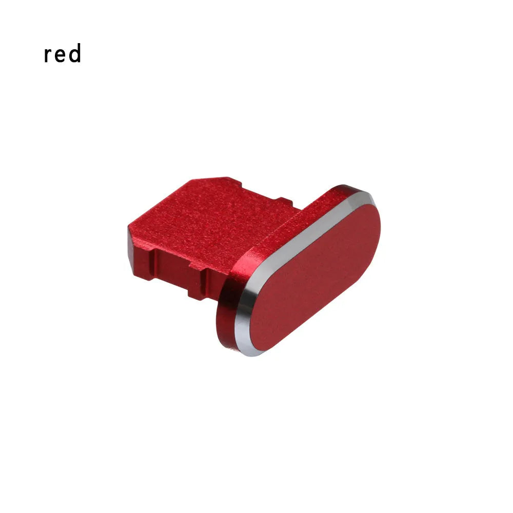Aluminium alloy charging port dust plug for iPhone in various colours including gold, silver, and rose gold.