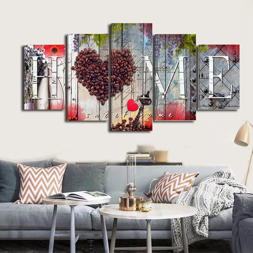 Set of five red-themed unframed canvas art prints from the Home Sweet Home decoration board collection.