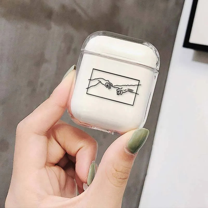 Transparent plastic protective cover for Apple AirPods charging case shown in colour style options.