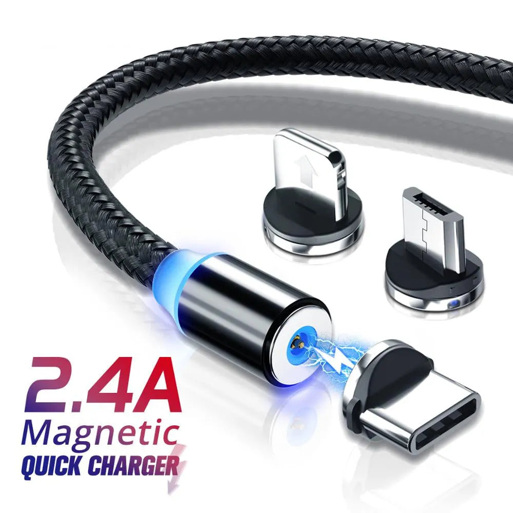 Black magnetic USB cable with interchangeable charging tips showing LED indicator light