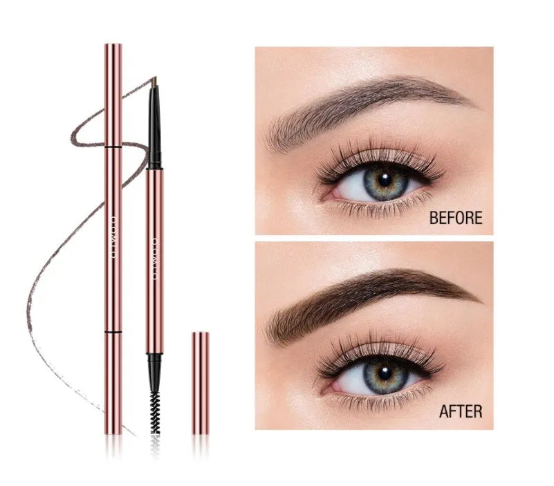 Slender eyebrow make-up pencil in a colour box, shown in six colour options including blonde and auburn.