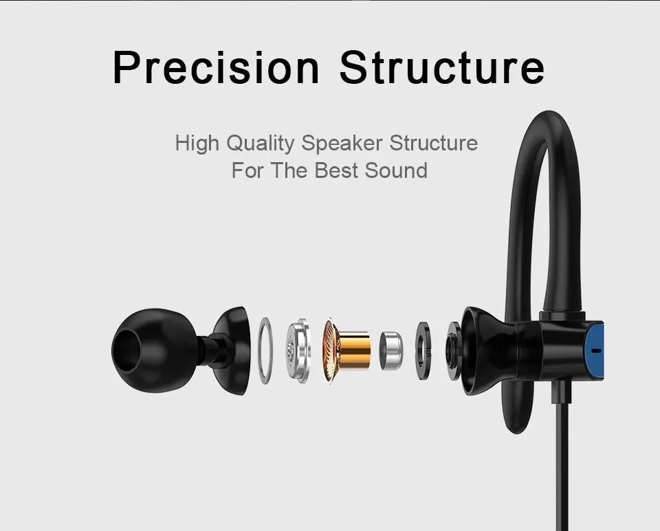 PTM TS27 compatible sport running earphones with black ear hook and silicone earbuds, showing microphone on cable