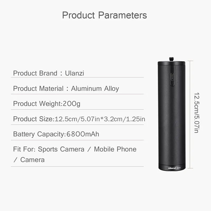Black aluminium alloy portable power bank with handle, showing compact size next to a mobile phone for scale.