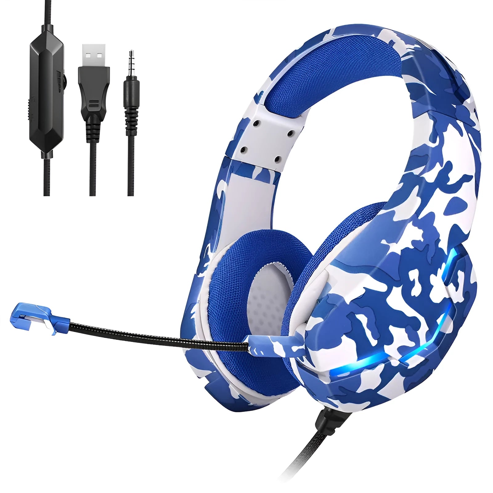 Wired gaming headset with cloth ear cushions and braided cable in camouflage design