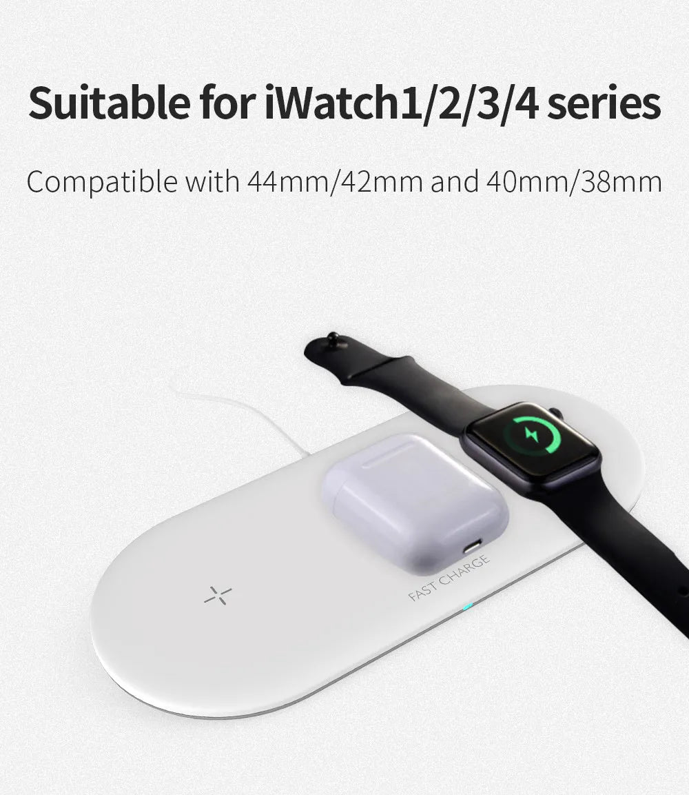Black three-in-one wireless charging station for Apple iPhone iWatch and AirPods on a desk