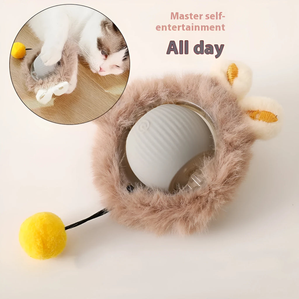 Flexible silicone rolling ball cat toy in plush red, green, and grey colours