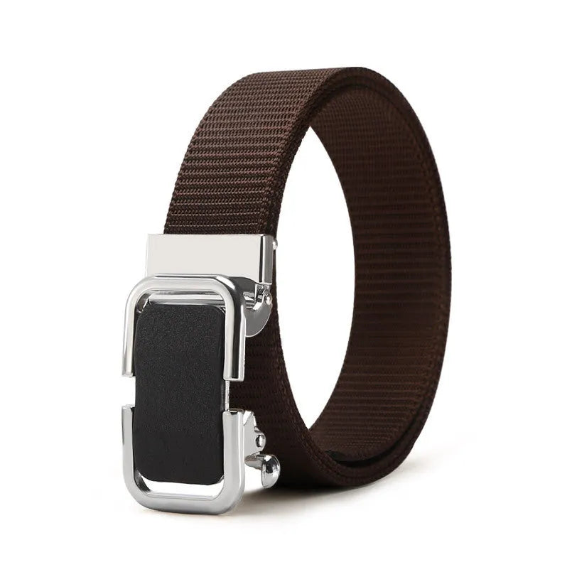 Men's nylon canvas belt with toothless alloy buckle shown in multiple colour options.
