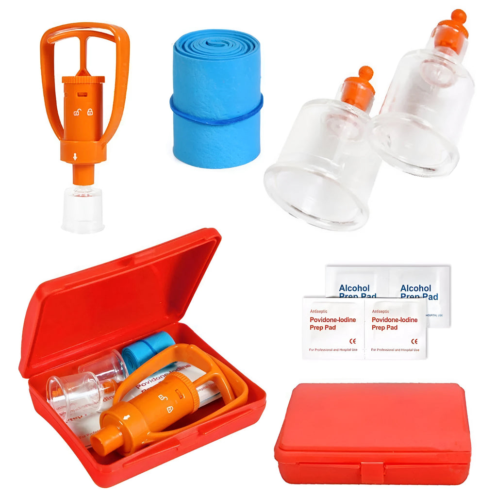 Orange portable venom extractor first aid kit with suction pump, two cups, tourniquet, and swabs laid out.
