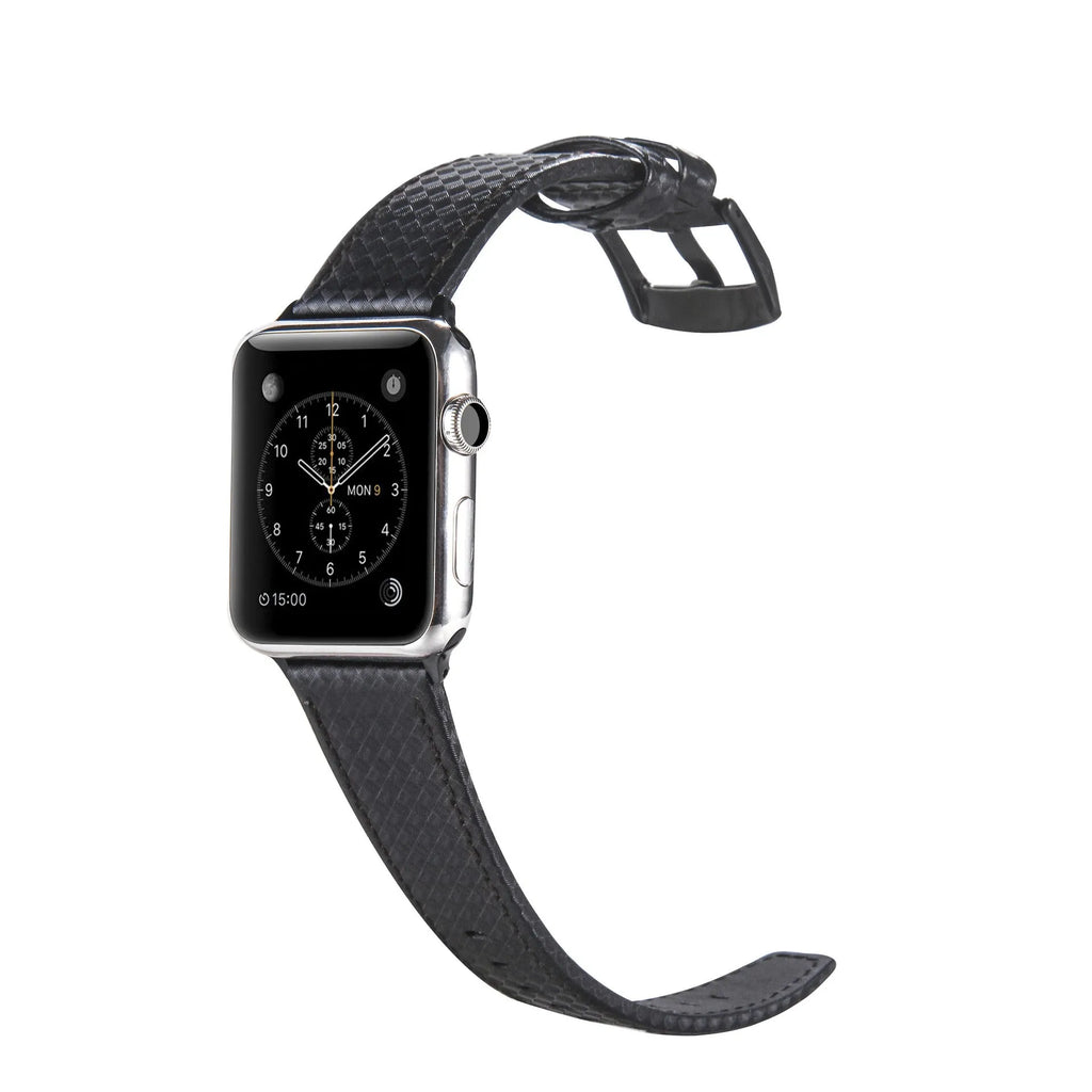 Compatible carbon fibre and leather Apple Watch strap with PC hard case in red, black, orange, and blue colour options.
