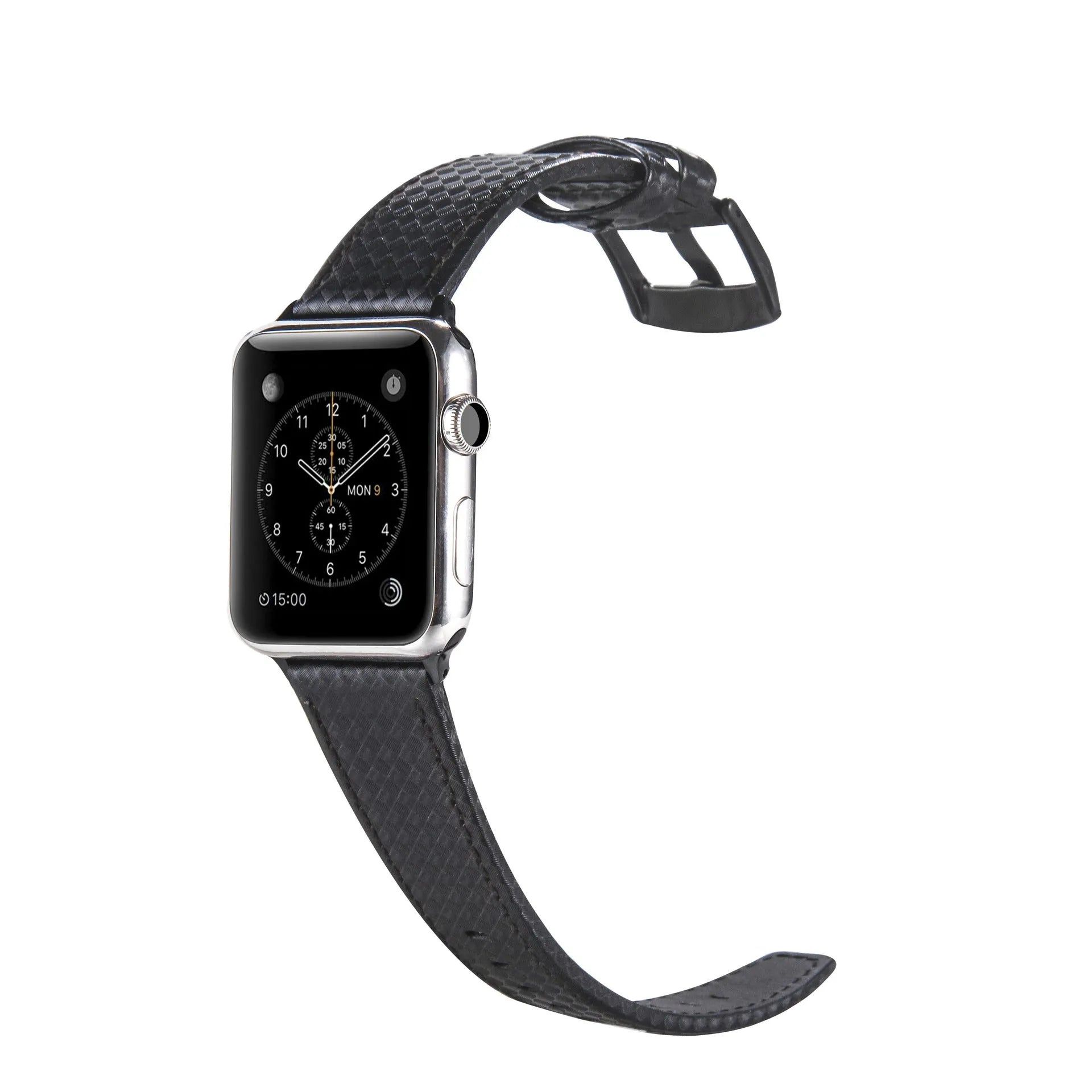 Compatible carbon fibre and leather Apple Watch strap with PC hard case in red, black, orange, and blue colour options.