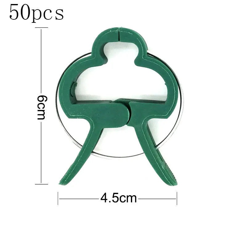 Green plastic plant fixing clips for supporting climbing vegetables like tomatoes and cucumbers
