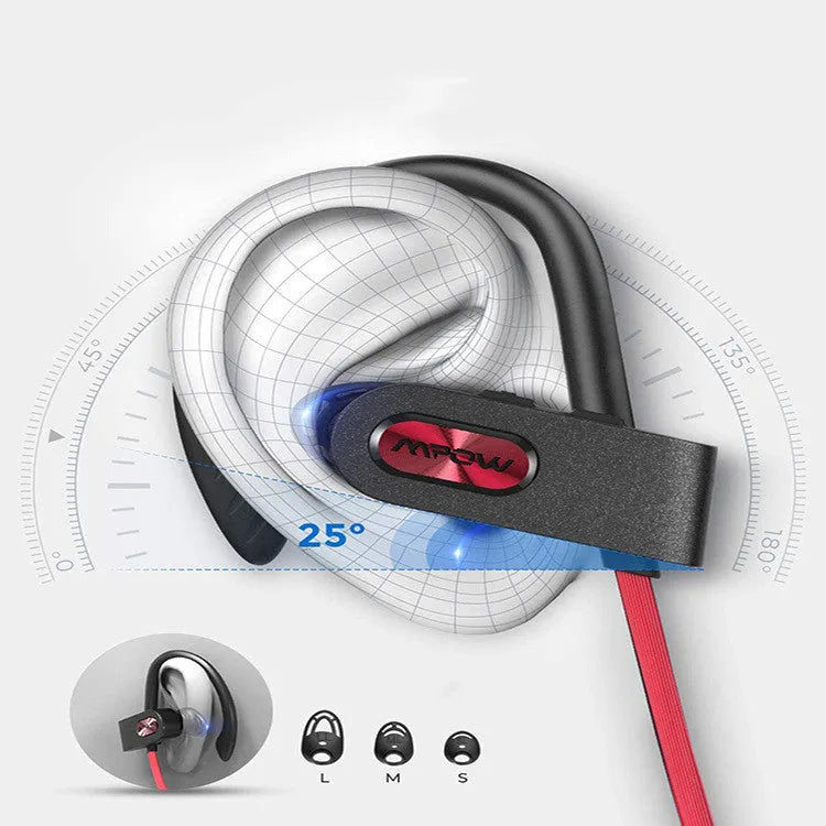 Flame2 red hanging ear Bluetooth headset shown in use on a person's ear.