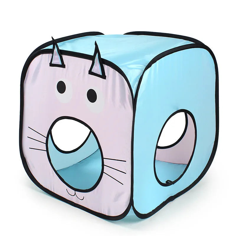 Foldable grey cat tunnel with cat and fish pattern, shown collapsed and set up.