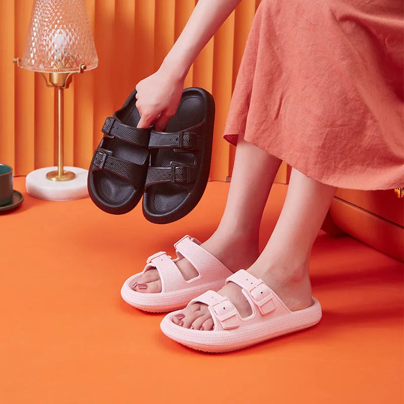 Women's summer platform slippers with buckle fastening, EVA sole, in black colour, side view