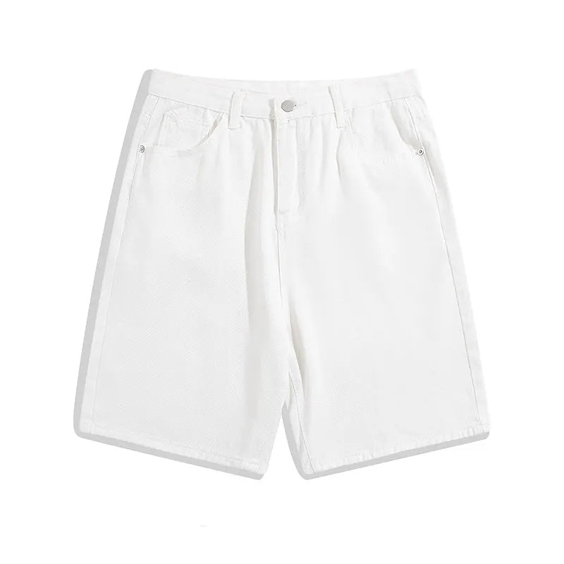 Men's light blue denim shorts with a straight-leg cut and five-point design on a mid-waist.