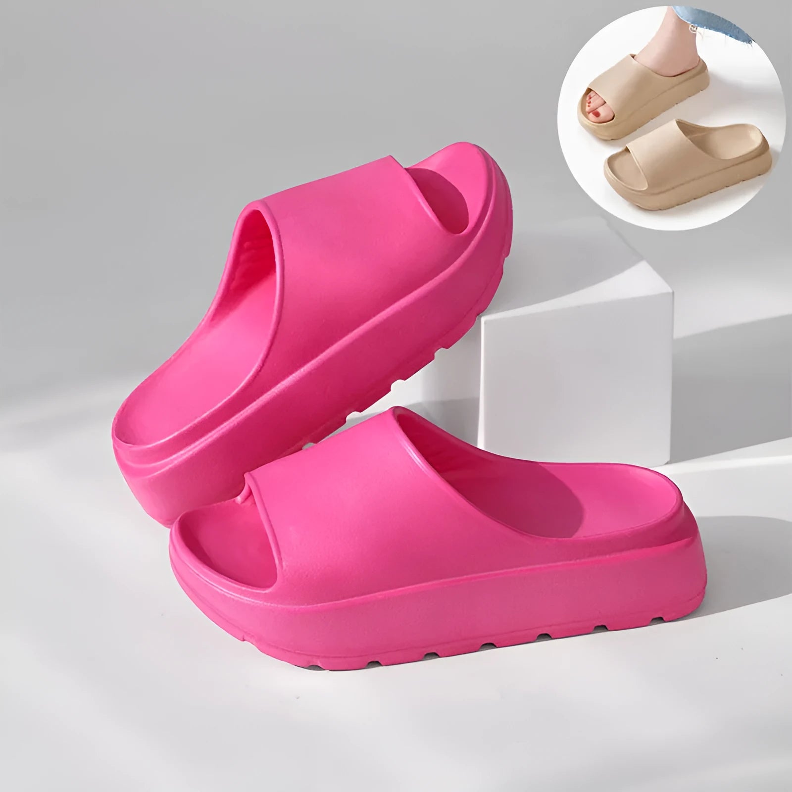 Women's beige fish mouth open-toe slippers with a thick 5.5cm light-coloured EVA sole.