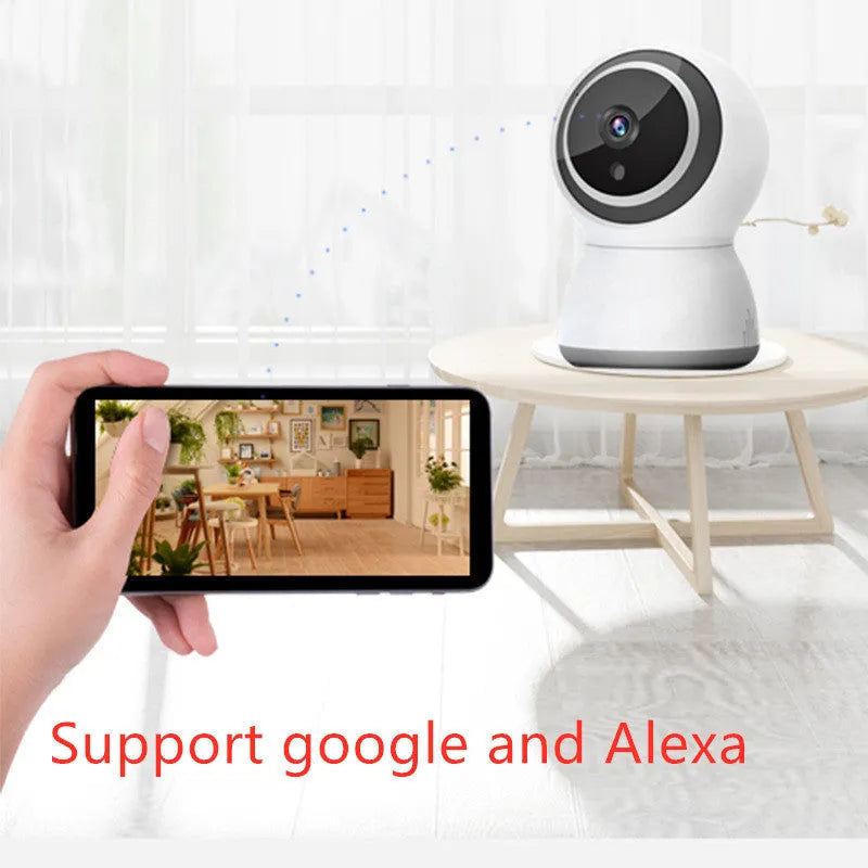 Tuya wireless indoor security camera with PTZ and night vision, 75x78x110mm